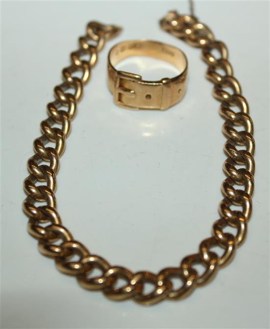 An 18ct gold buckle ring and a curb link chain